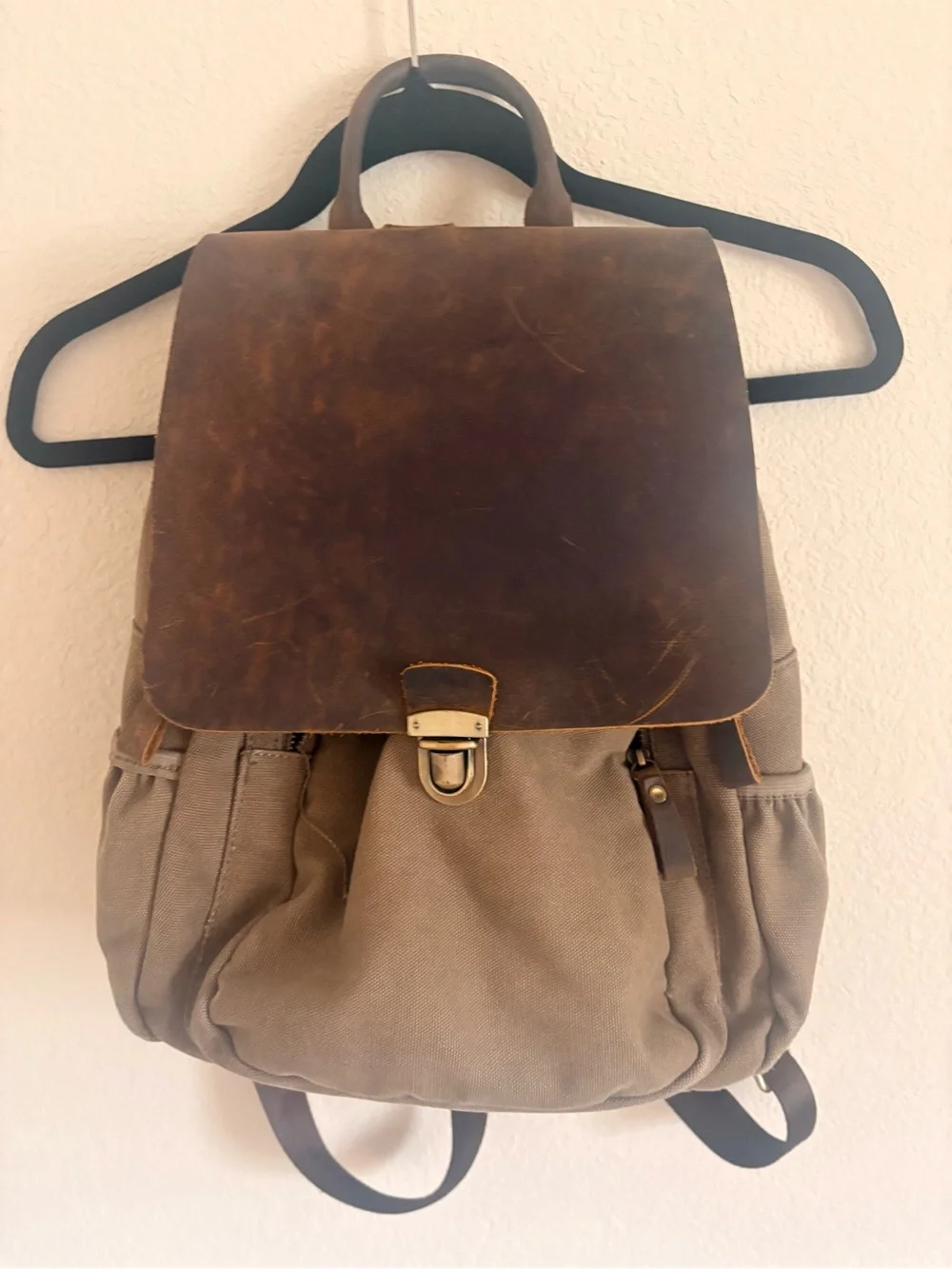 Unbranded Taupe Canvas Genuine Leather Flap Backpack Distressed Brown